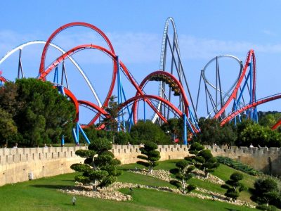 A photo of one of the rollercoasters at a theme park in Catalunya.