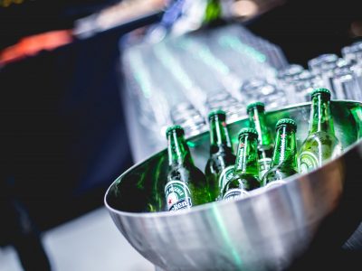 A bottle of beers in a bar on the Barcelona bar crawl.