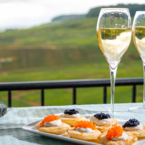 Tasting and pairing of french champagne wine with pancakes, creme fresh, red and black fish caviars and view on green vineyards of Champagne near Epernay on background