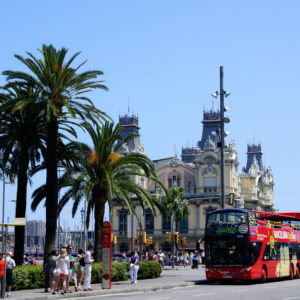 BARCELONA - MAY 29: Barcelona Bus Touristic. 3 routes with 1 ticket. Open-top double decker bus. Audioguide in 10 languages. Event May 29, 2012 in Barcelona, Spain, Catalonia