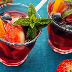 Refreshing sangria (punch) with fruits, picnic idea