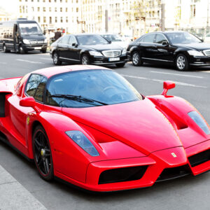 Berlin, Germany - April 20, 2012: With F1 technology, the Enzo Ferrari is a 12 cylinder mid-engine berlinetta named after the company's founder. Built in 2002 with carbon-fibre body. It was designed by the japanese Ken Okuyama and has a limited production run of 349 units.